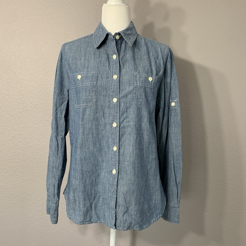 Per Se Women's Blue Denim Long Sleeve Shirt‎ Top Size M Button Down 100% Cotton